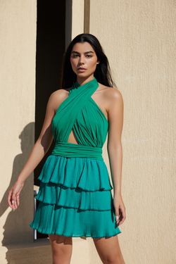 GREEN PLEATED MINI DRESS